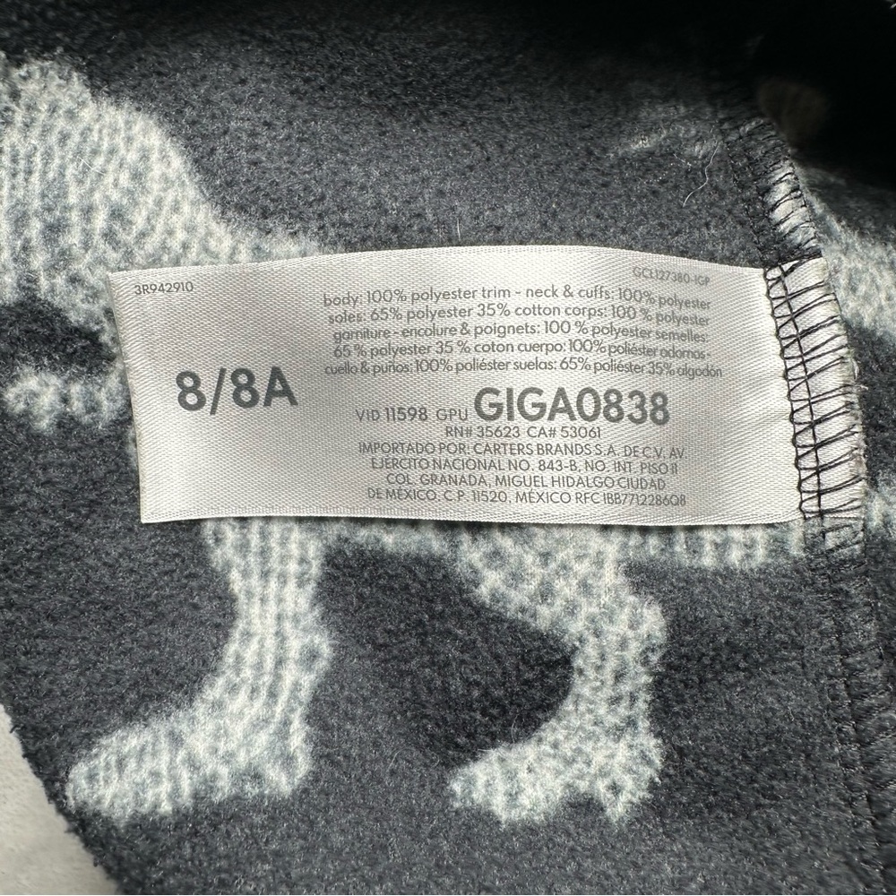 Carter's Dinosaur Print Full Zip 1- Piece Fleece Footie Pajamas. Boys Size 8. - Picture 5 of 7